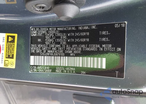 2018 Toyota Highlander Xle из США, поврежденный, VIN 5TDJZRFHXJS879100